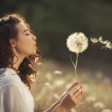 Młoda kobieta na polu dmuchająca dmuchawca, wokół którego unoszą się pyłki, alergen, alergia na pyłki traw